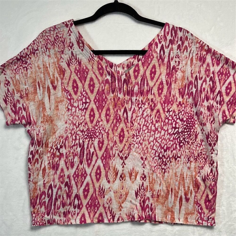 Chico's Women's 3P Multicolor Linen Cheetah Ikat V-Neck Short Sleeve Tee